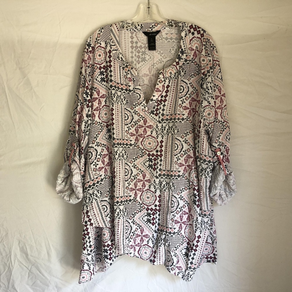 Ali Miles Shirt Womens 3X Multicolor Geometric Boho Roll Tab Sleeve Tunic Top